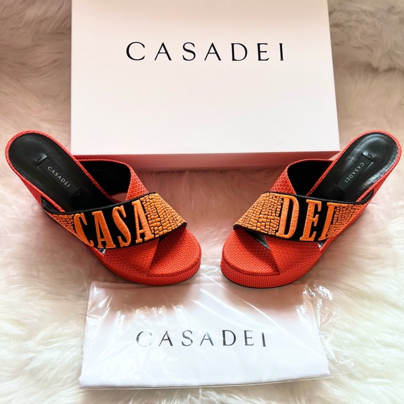 Casadei Shoes - New! Rare CASADEI Logo Embroidered Platform Wedges in Orange